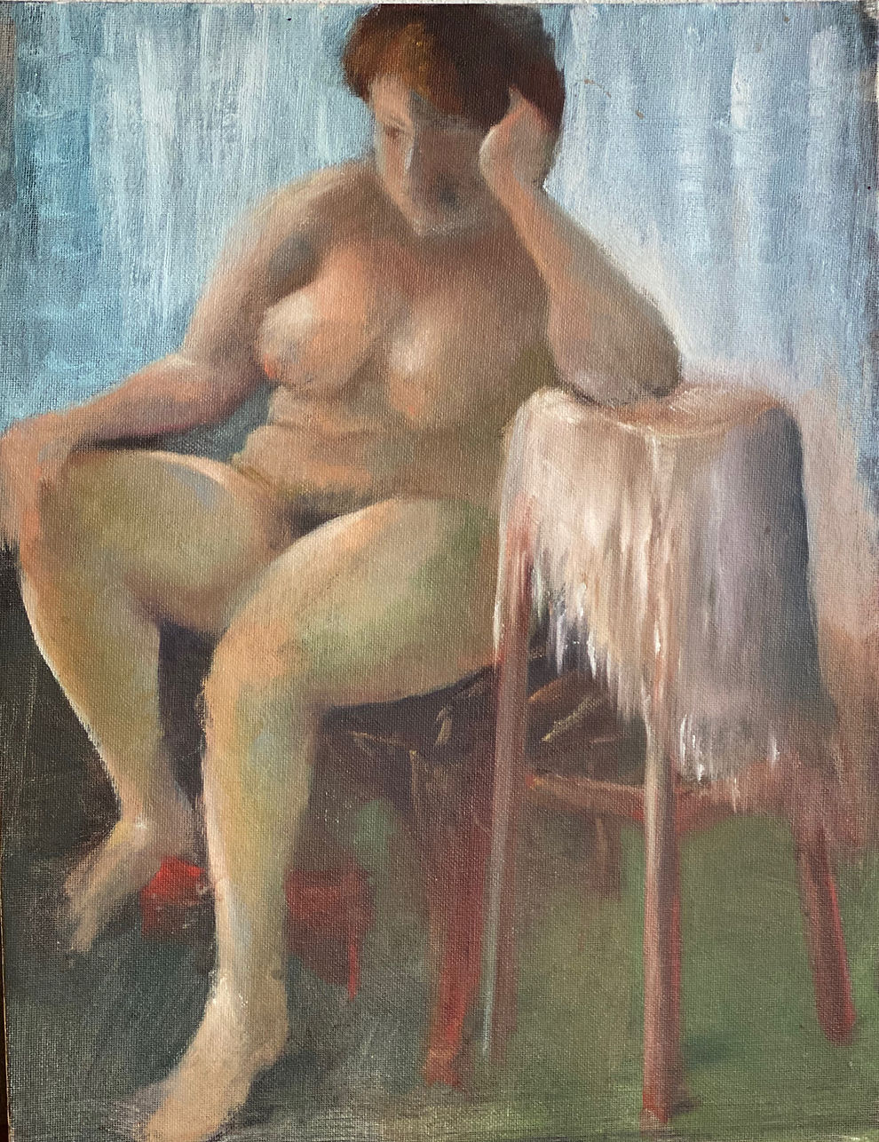 Considering by Kate Hoekstra — oil on canvas, 14 by 20 inches. A contemplative figure painting.