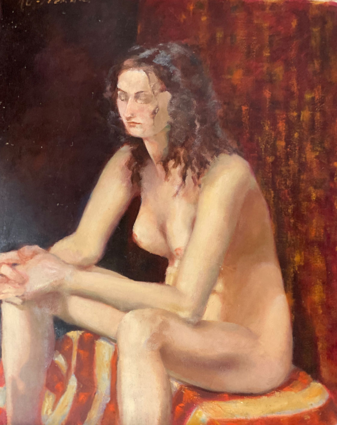 Nude in Stripes by Kate Hoekstra — oil on canvas, 18 by 24 inches.